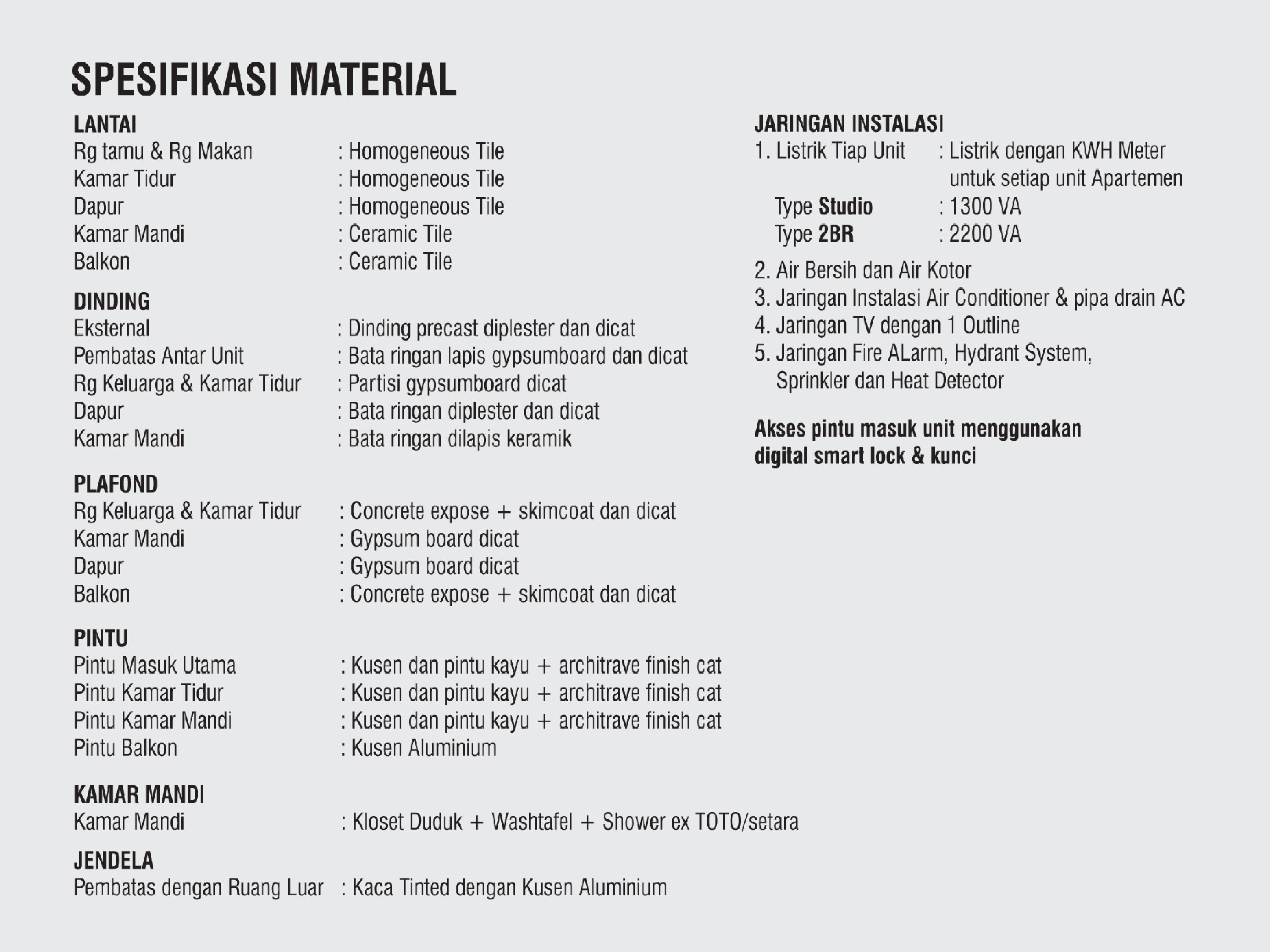 Pakuwon Residences Bekasi Amor Tower Spesifikasi Material